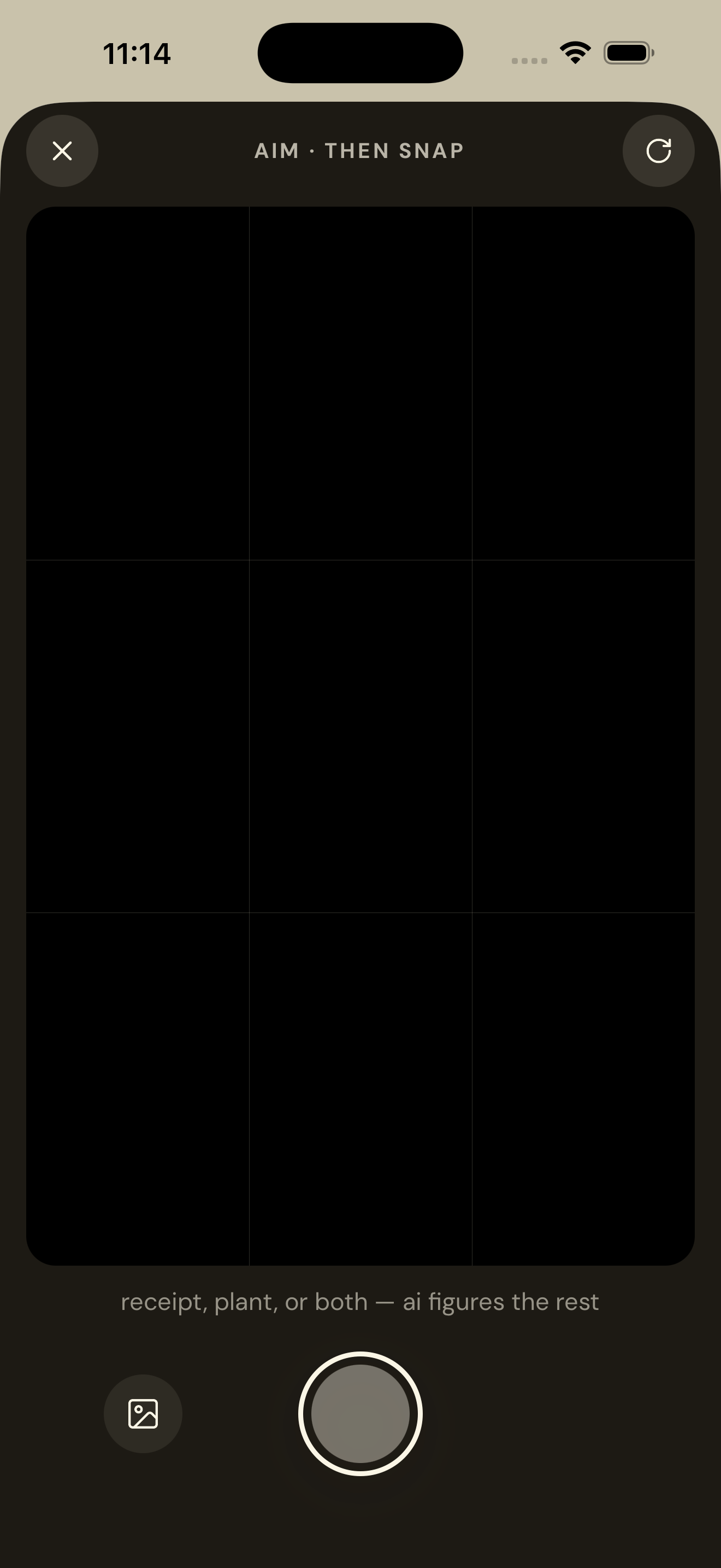 Furrowed's camera screen with the prompt 'aim, then snap. receipt, plant, or both. ai figures the rest.'