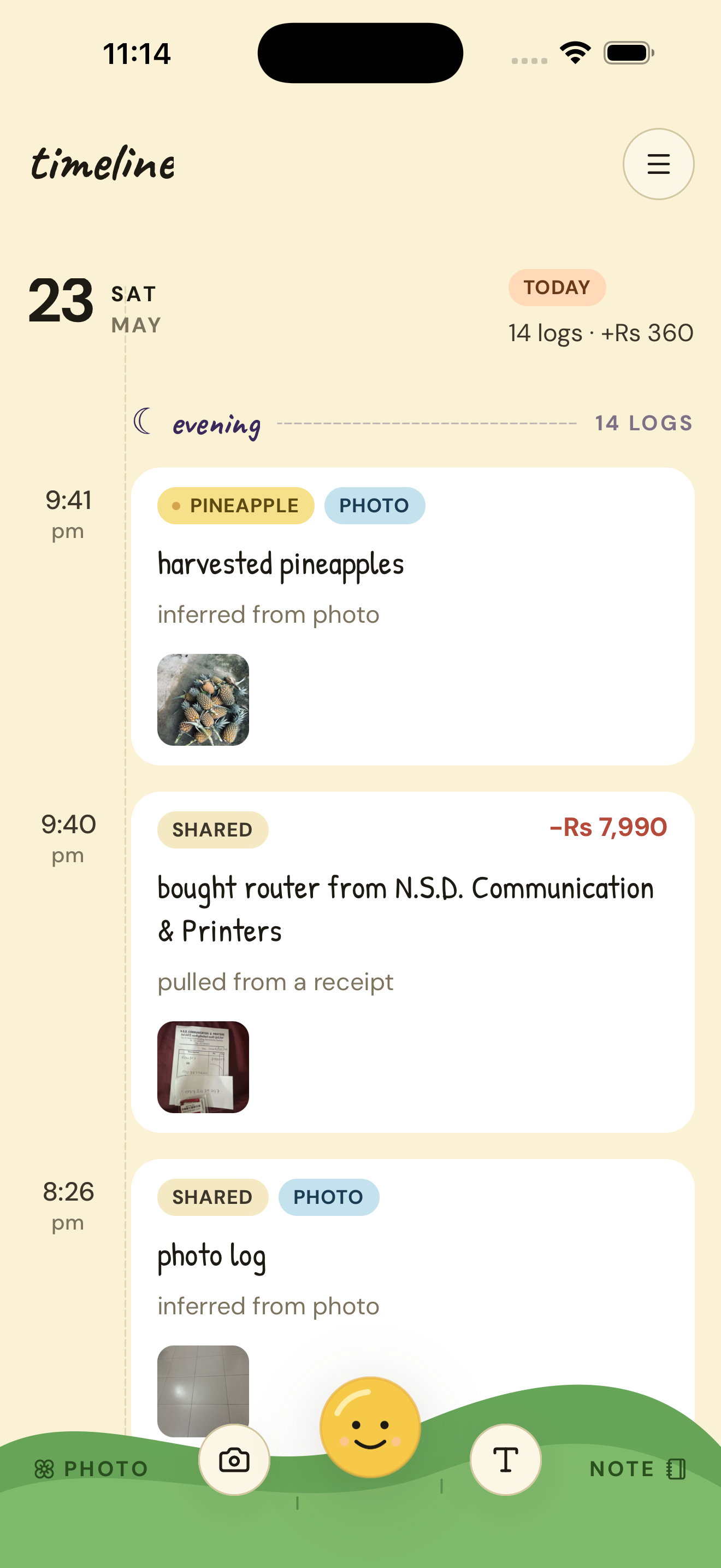 A timeline screen in Furrowed for Saturday, May 23. The day shows 14 logs, with entries pulled from photos and receipts and tagged with crop pills.
