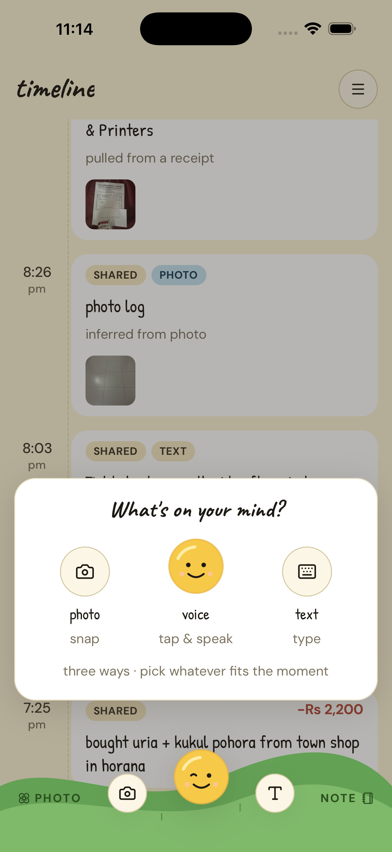 The 'what's on your mind' modal in Furrowed, offering three input modes: photo, voice, and text.